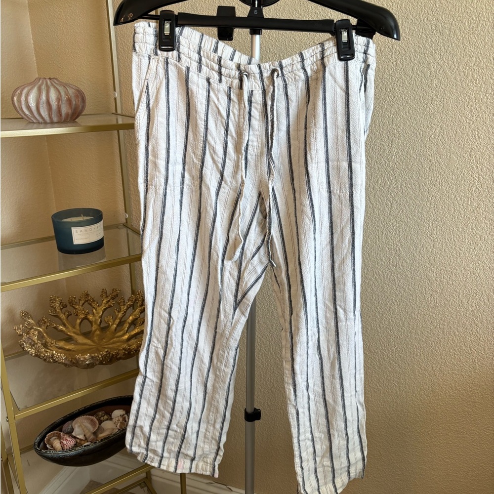 Per Se Coastal Linen Stripe Pants‎ Elastic Waist Drawstring PL